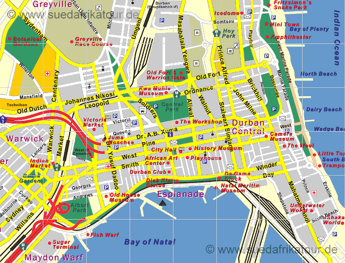 Stadtplan von Durban in KwaZulu-Natal / Sdafrika