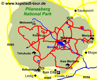 Karte des Pilanesberg Nationa Park -   www.kapstadt-tour.de
